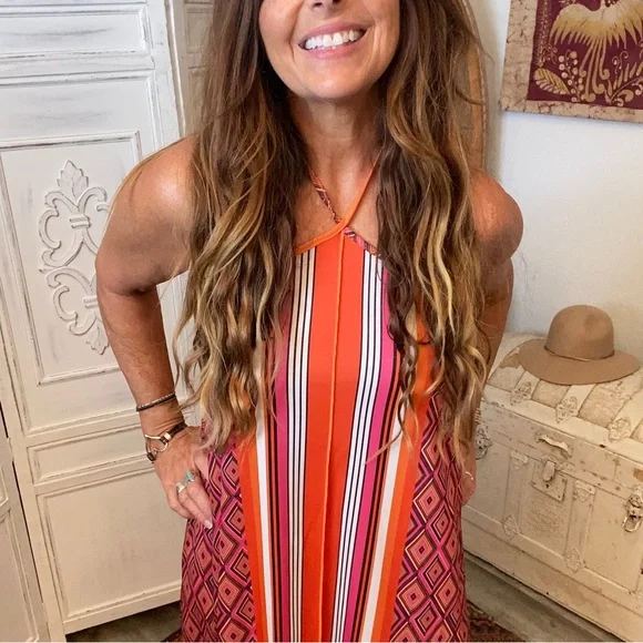 SALE💛 Zara Striped Halter Midi Dress Orange Black White Pink M Very 70s - Picture 8 of 9